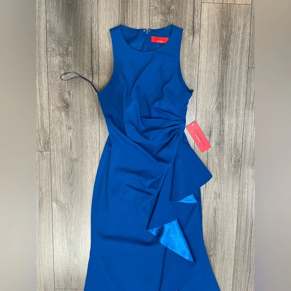 Carmen Marc Valvo Infusion Maxi Formal Sleek Evening Gown Cobalt Blue NWT SZ 8 - Picture 4 of 16